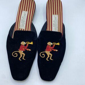 Amy Jo Gladstone Black Velvet Monkey Paying  Trumpet Slip On Mules Size Medium